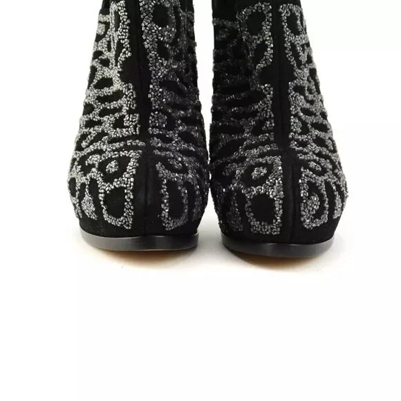 Fendi Size 37 Crystal Embellished Black Suede Platform High Heel Ankle Booties